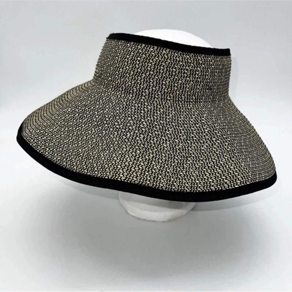 Bijoux Terner Roll up Packable Travel Sun Hat Straw Black Visor Beach Vacation